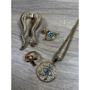 Gold Tone Egyptian Jewelry Lot Snake Two Finger Ring Ankh Eye of Horus Necklace